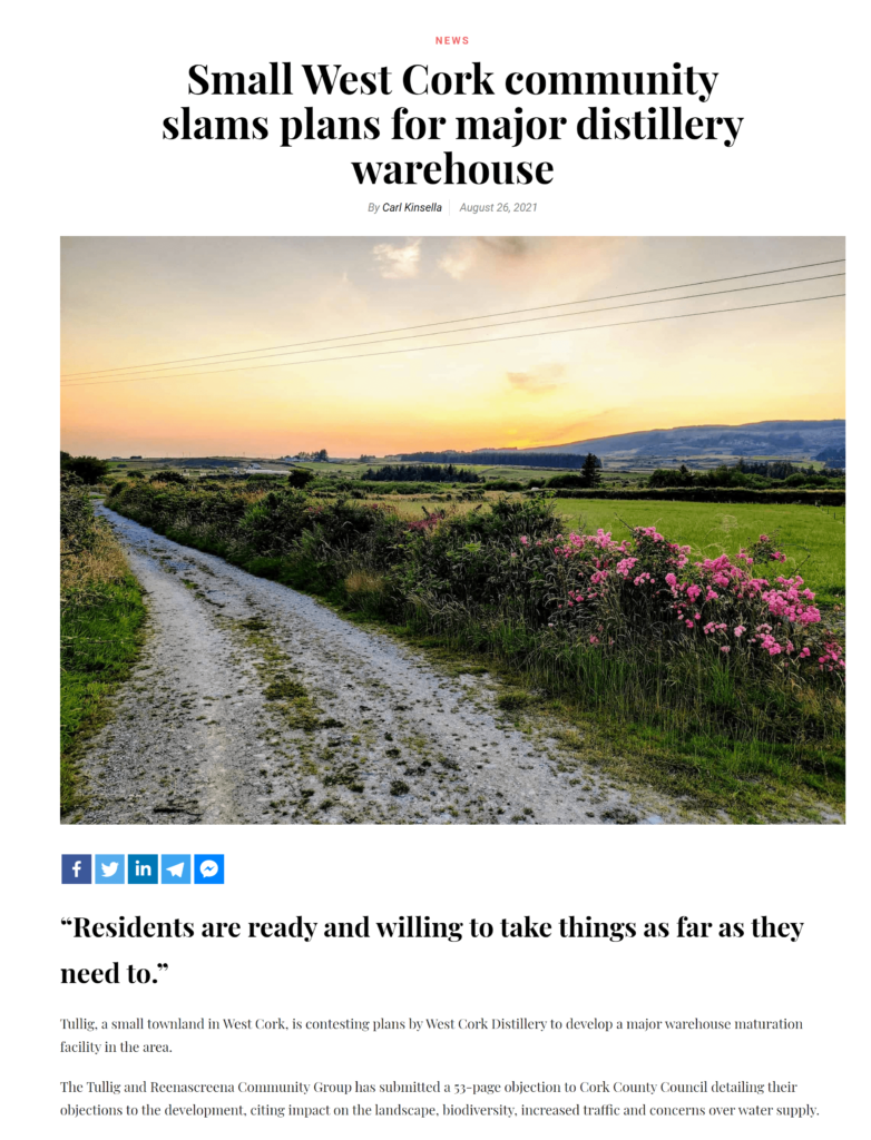 Community objection to West Cork Distillers industrial warehousing plans featured on the YayCork website.